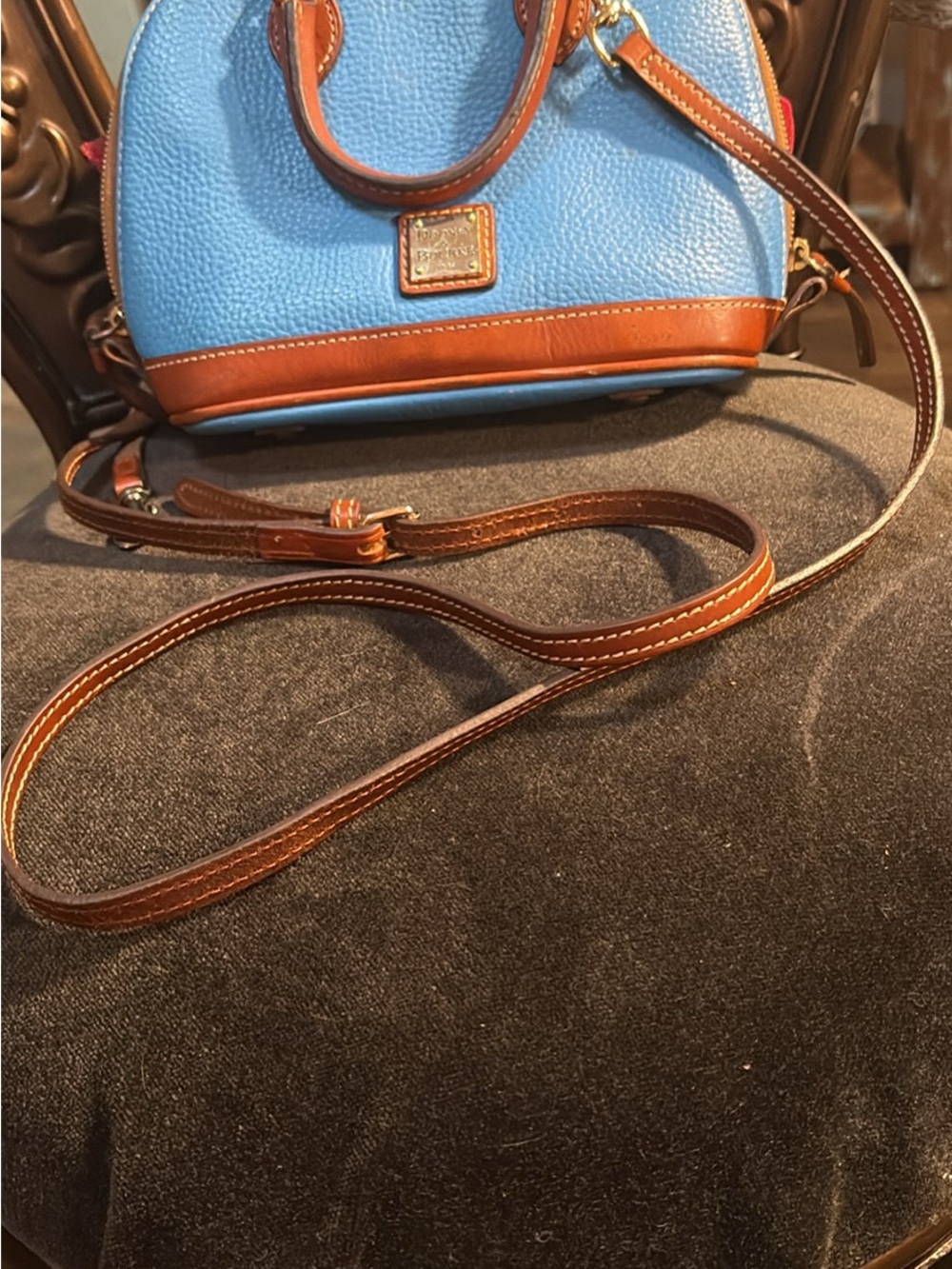 Dooney & Bourke Light Blue Pebble Leather Crossbody with Brown Trim